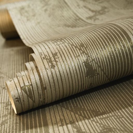 Váltakozó háromszögek kopottas megjelenésben meg-megszakadó vonalakkal barna szürkésbarna és csillogó fémes arany tapéta