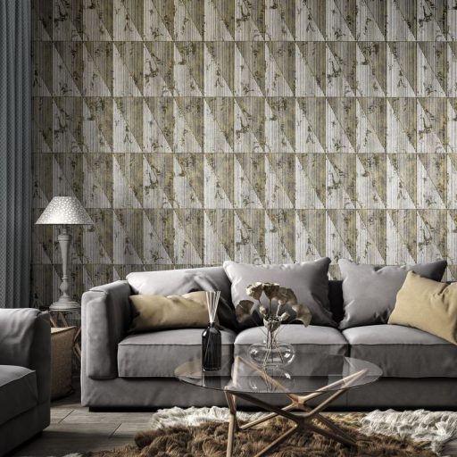 Váltakozó háromszögek kopottas megjelenésben meg-megszakadó vonalakkal ezüstszürke antracit és csillogó fémes arany tapéta