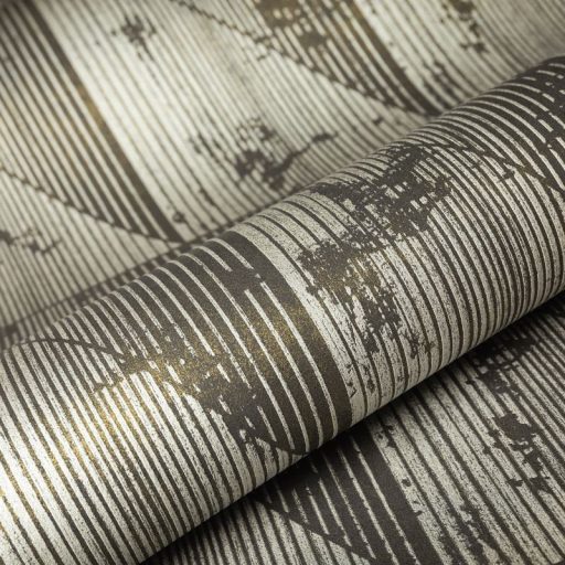 Váltakozó háromszögek kopottas megjelenésben meg-megszakadó vonalakkal ezüstszürke antracit és csillogó fémes arany tapéta