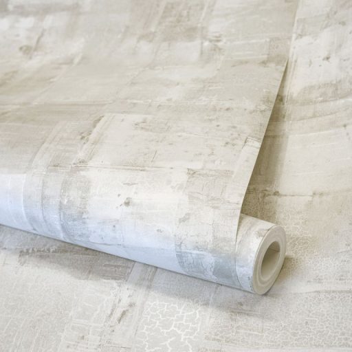 Festékrétegek átfedésében repedezett csillámló felületű töredezett grafikus minta elefántcsont fehér szürke ezüst tónus tapéta