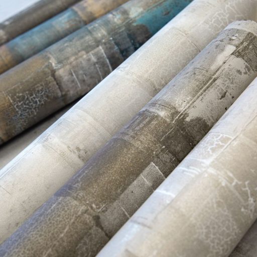 Festékrétegek átfedésében repedezett csillámló felületű töredezett grafikus minta szürke barna szürkésbarna és fehér tónus tapéta