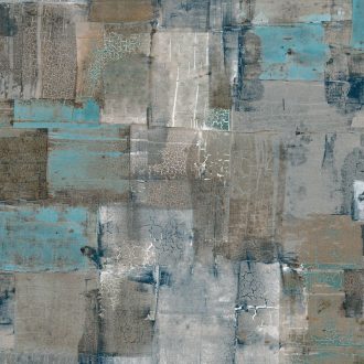   Festékrétegek átfedésében repedezett csillámló felületű töredezett grafikus minta szürke barna szürkéskék türkiz és fehér tónus tapéta