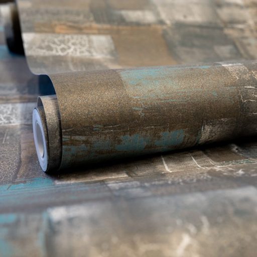 Festékrétegek átfedésében repedezett csillámló felületű töredezett grafikus minta szürke barna szürkéskék türkiz és fehér tónus tapéta