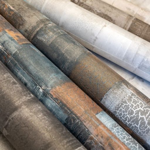 Festékrétegek átfedésében repedezett csillámló felületű töredezett grafikus minta szürke barna szürkéskék türkiz és fehér tónus tapéta