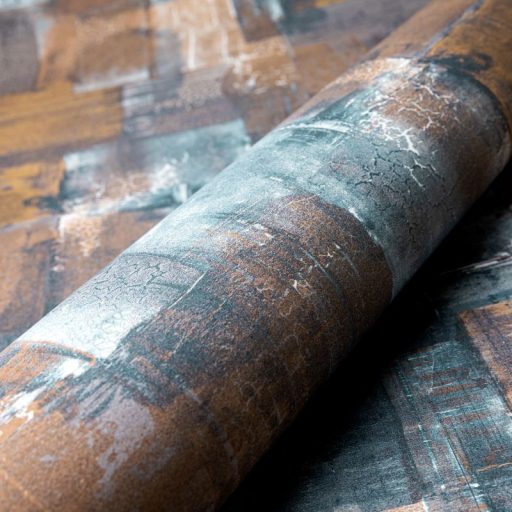 Festékrétegek átfedésében repedezett csillámló felületű töredezett grafikus minta kék bronz fehér vöröses és rozsdabarna tónus tapéta