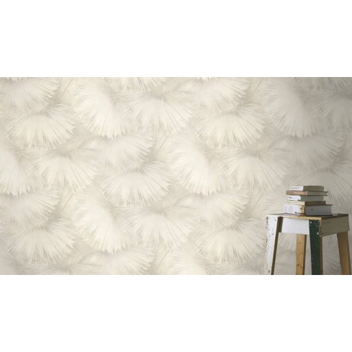 Nagyméretű legyezőformák tüzijátékként robbannak be a térbe krém krémszürke és szürkésbézs tónus finom mintafény tapéta