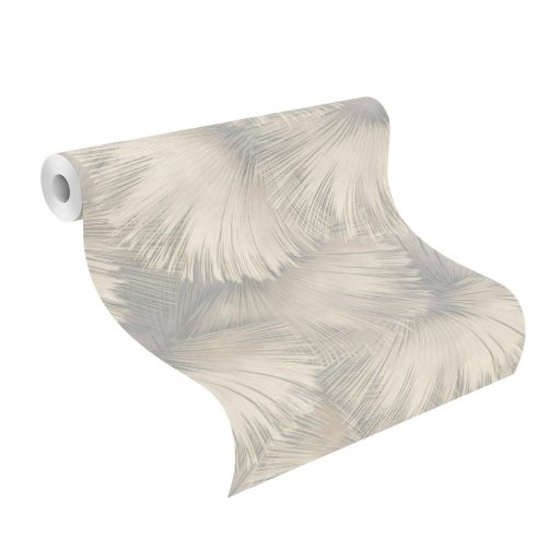 Nagyméretű legyezőformák tüzijátékként robbannak be a térbe halvány szürke krémfehér és ezüstös-szürkésbézs finom mintafény tapéta