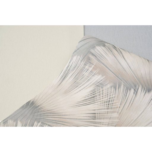 Nagyméretű legyezőformák tüzijátékként robbannak be a térbe halvány szürke krémfehér és ezüstös-szürkésbézs finom mintafény tapéta