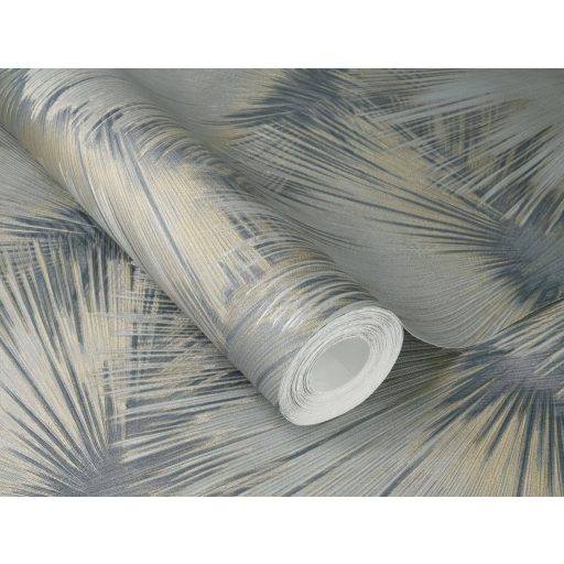 Nagyméretű legyezőformák tüzijátékként robbannak be a térbe füstszürke zöld szürkésbarna arany és sárgaréz finom mintafény tapéta