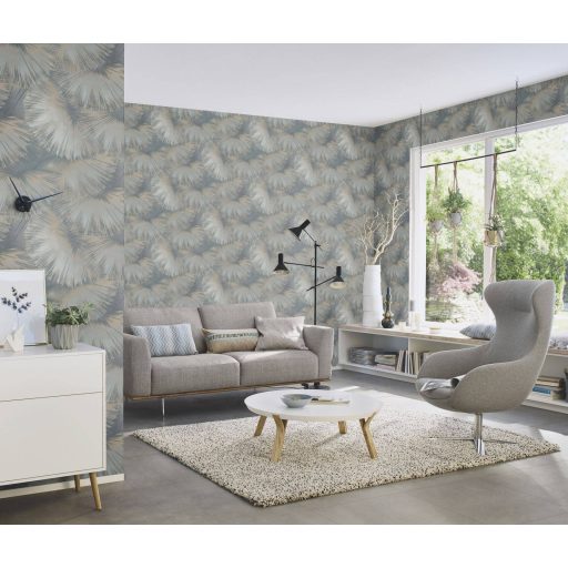 Nagyméretű legyezőformák tüzijátékként robbannak be a térbe füstszürke zöld szürkésbarna arany és sárgaréz finom mintafény tapéta