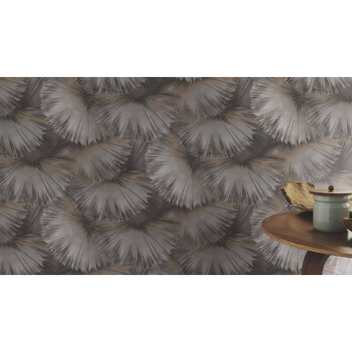 Nagyméretű legyezőformák tüzijátékként robbannak be a térbe grafitszürke szürkésbarna pezsgő és arany finom mintafény tapéta