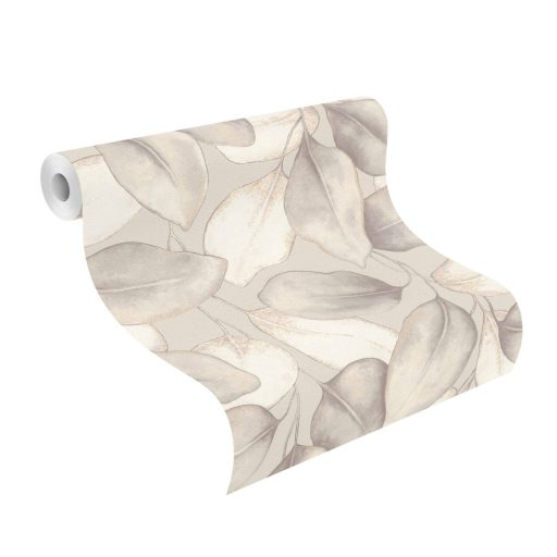 Plasztikus szinte élő és lélegző térbeli levél design lágy bézs irizáló szürke és szürkésbézs tónus selymes gyöngyházfény tapéta