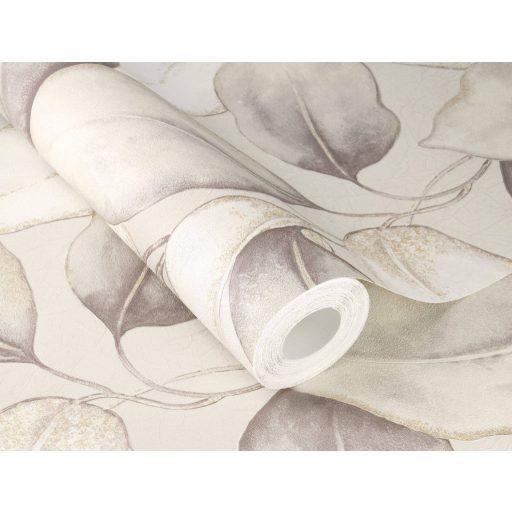 Plasztikus szinte élő és lélegző térbeli levél design lágy bézs irizáló szürke és szürkésbézs tónus selymes gyöngyházfény tapéta