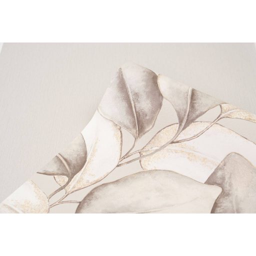 Plasztikus szinte élő és lélegző térbeli levél design lágy bézs irizáló szürke és szürkésbézs tónus selymes gyöngyházfény tapéta