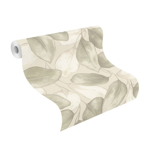 Plasztikus szinte élő és lélegző térbeli levél design világosbézs/szürkésbézs olívzöld éd ezüstös-fehér tónus tapéta