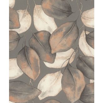   Plasztikus szinte élő és lélegző térbeli levél design sötét szürkésbarna rozsdabarna narancsos-bronzbarna és krémszín tónus tapéta