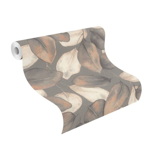 Plasztikus szinte élő és lélegző térbeli levél design sötét szürkésbarna rozsdabarna narancsos-bronzbarna és krémszín tónus tapéta