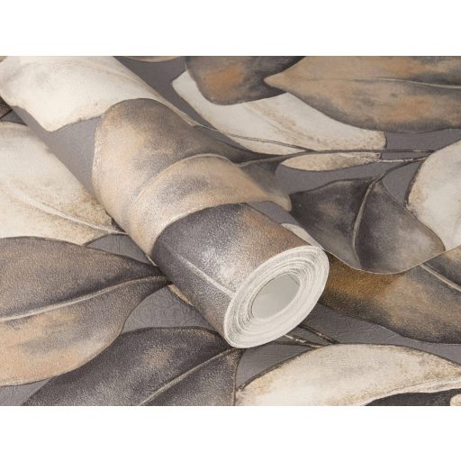 Plasztikus szinte élő és lélegző térbeli levél design sötét szürkésbarna rozsdabarna narancsos-bronzbarna és krémszín tónus tapéta