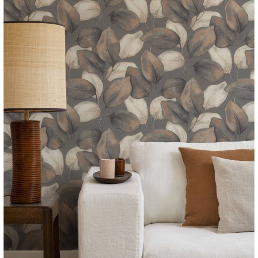 Plasztikus szinte élő és lélegző térbeli levél design sötét szürkésbarna rozsdabarna narancsos-bronzbarna és krémszín tónus tapéta