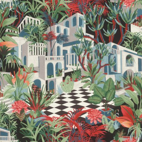 Rasch Tropical House 687408 Trópusi Botanikus Etno trópusi táj villákkal antracit piros zöld kék fehér tapéta