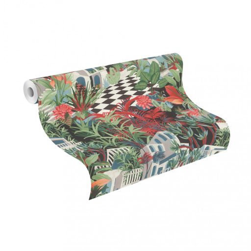 Rasch Tropical House 687408 Trópusi Botanikus Etno trópusi táj villákkal antracit piros zöld kék fehér tapéta