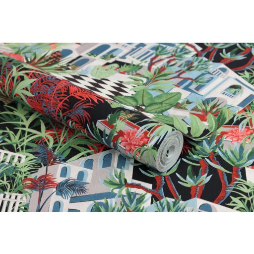 Rasch Tropical House 687408 Trópusi Botanikus Etno trópusi táj villákkal antracit piros zöld kék fehér tapéta