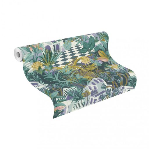 Rasch Tropical House 687415 Trópusi Botanikus Etno trópusi táj villákkal zöld lila arany szürke fehér tapéta