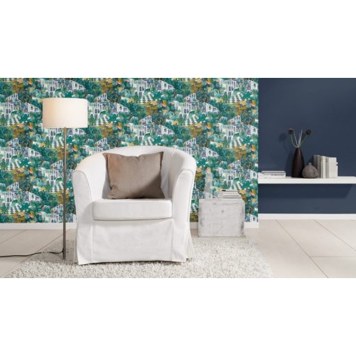 Rasch Tropical House 687415 Trópusi Botanikus Etno trópusi táj villákkal zöld lila arany szürke fehér tapéta