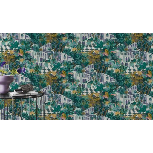 Rasch Tropical House 687415 Trópusi Botanikus Etno trópusi táj villákkal zöld lila arany szürke fehér tapéta