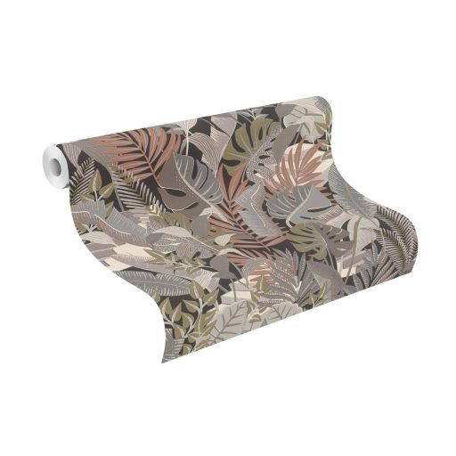 Rasch Tropical House 687842 Botanikus Trópusi 3D hatású nagy egzotikus levelek antracit szürke krém khakizöld matt korall tapéta