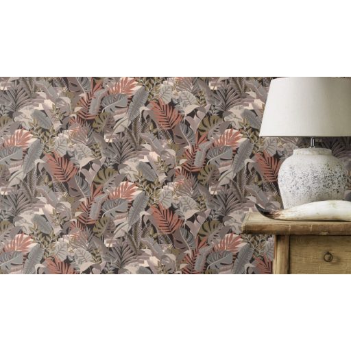 Rasch Tropical House 687842 Botanikus Trópusi 3D hatású nagy egzotikus levelek antracit szürke krém khakizöld matt korall tapéta