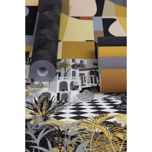 Rasch Tropical House 687958 Geometrikus bambusz struktúrájú grafikus 3D minta éjkék/antracit arany fényes mintarészletek tapéta