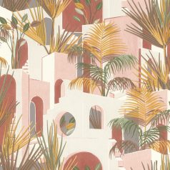   Mediterrán építészet trópusi design-al és egzotikus növényekkel krémfehér terrakotta rózsaszín zöld sárga barna tapéta