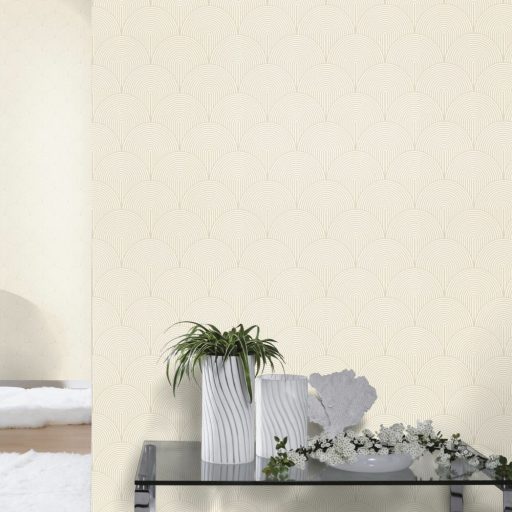 Elegáns és hatásos Art Deco minta textilstruktúra fehér csillogó roségold tapéta