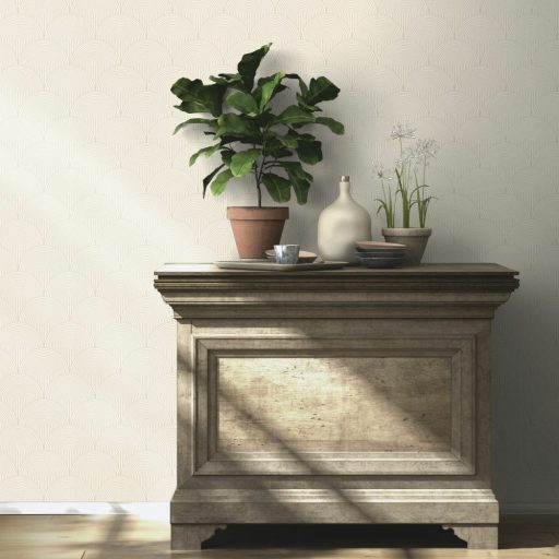 Elegáns és hatásos Art Deco minta textilstruktúra fehér csillogó roségold tapéta