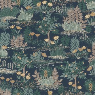   Álomkert akár a X. emeleten - pompás virágok bokrok és fák mintája sötétkék zöld sárga és barna tónus tapéta