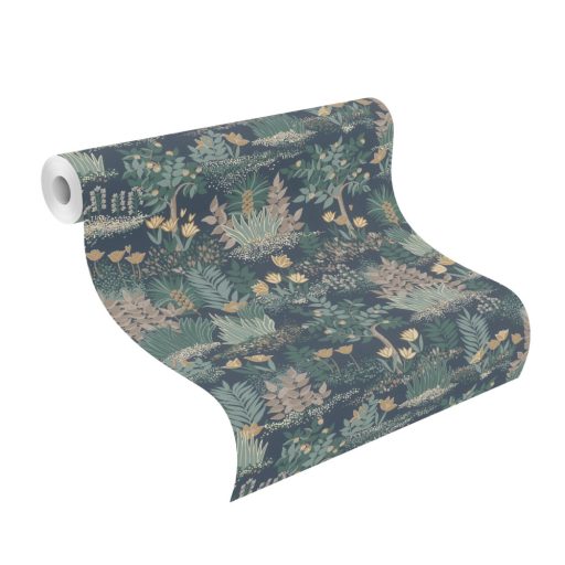 Álomkert akár a X. emeleten - pompás virágok bokrok és fák mintája sötétkék zöld sárga és barna tónus tapéta