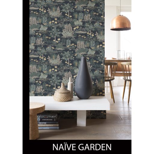 Álomkert akár a X. emeleten - pompás virágok bokrok és fák mintája sötétkék zöld sárga és barna tónus tapéta