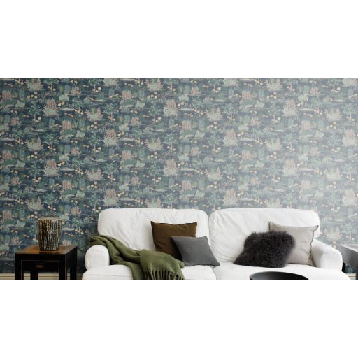 Álomkert akár a X. emeleten - pompás virágok bokrok és fák mintája sötétkék zöld sárga és barna tónus tapéta