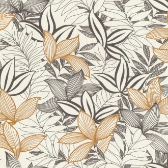   Változatos levelek vázlatos grafikai megjelenítése textil háttéren krémfehér aranysárga és fekete tónus tapéta