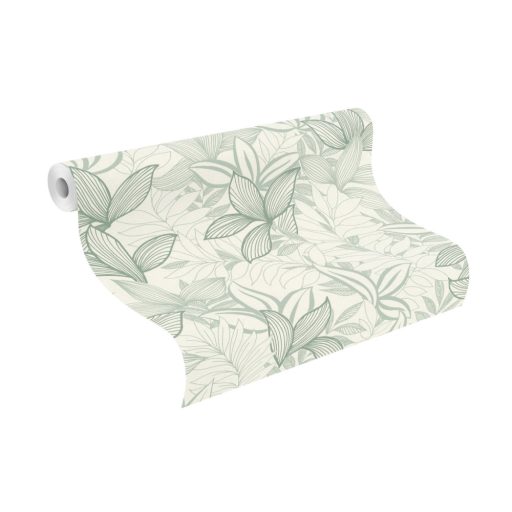 Változatos levelek vázlatos grafikai megjelenítése textil háttéren krémfehér menta és zsályazöld tónus tapéta