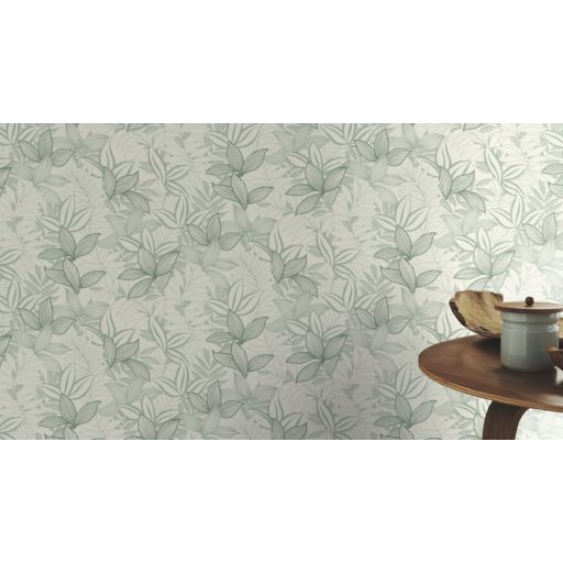 Változatos levelek vázlatos grafikai megjelenítése textil háttéren krémfehér menta és zsályazöld tónus tapéta