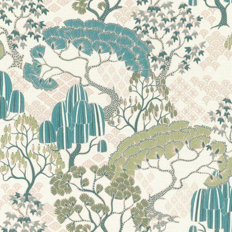 Egy varázsige és már is az álomerdő közepén állsz - stilizált fák és lombkoronák fehér rózsaszín zöld és türkiz tónus tapéta