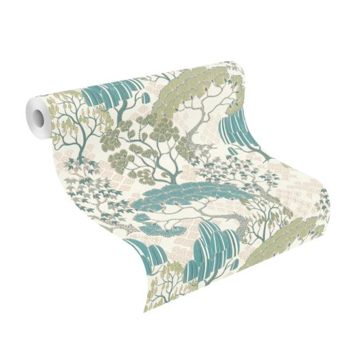 Egy varázsige és már is az álomerdő közepén állsz - stilizált fák és lombkoronák fehér rózsaszín zöld és türkiz tónus tapéta