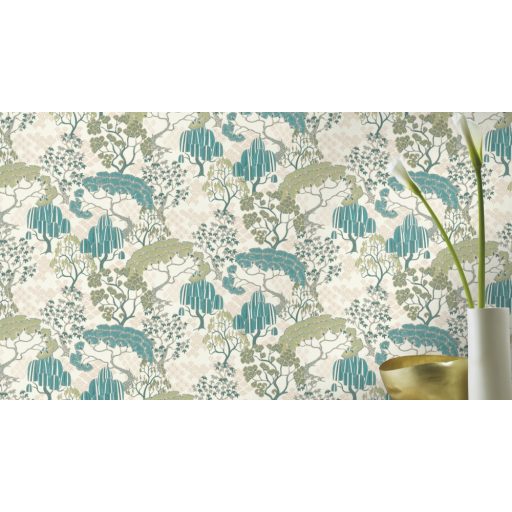 Egy varázsige és már is az álomerdő közepén állsz - stilizált fák és lombkoronák fehér rózsaszín zöld és türkiz tónus tapéta