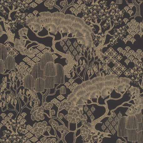 Egy varázsige és már is az álomerdő közepén állsz - stilizált fák és lombkoronák fekete és csillogó arany tónus tapéta