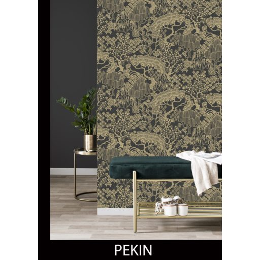 Egy varázsige és már is az álomerdő közepén állsz - stilizált fák és lombkoronák fekete és csillogó arany tónus tapéta