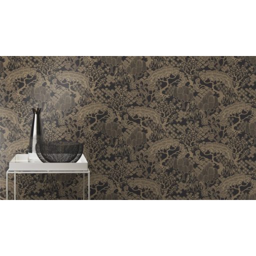 Egy varázsige és már is az álomerdő közepén állsz - stilizált fák és lombkoronák fekete és csillogó arany tónus tapéta