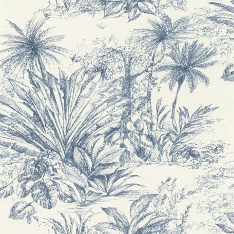 Egzotikus pálmák és trópusi növények vázlatos grafikus mintája textil háttéren krémfehér és kék tónus tapéta