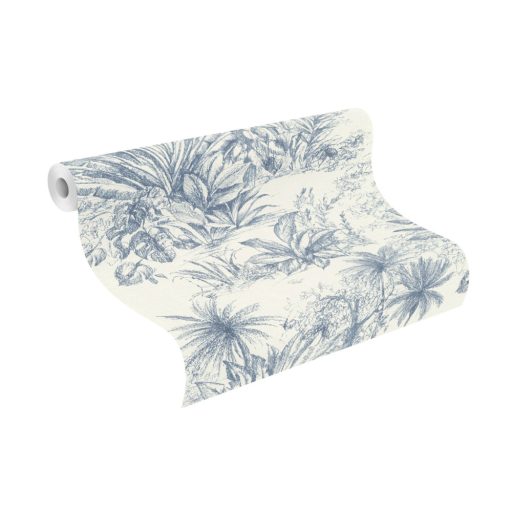 Egzotikus pálmák és trópusi növények vázlatos grafikus mintája textil háttéren krémfehér és kék tónus tapéta